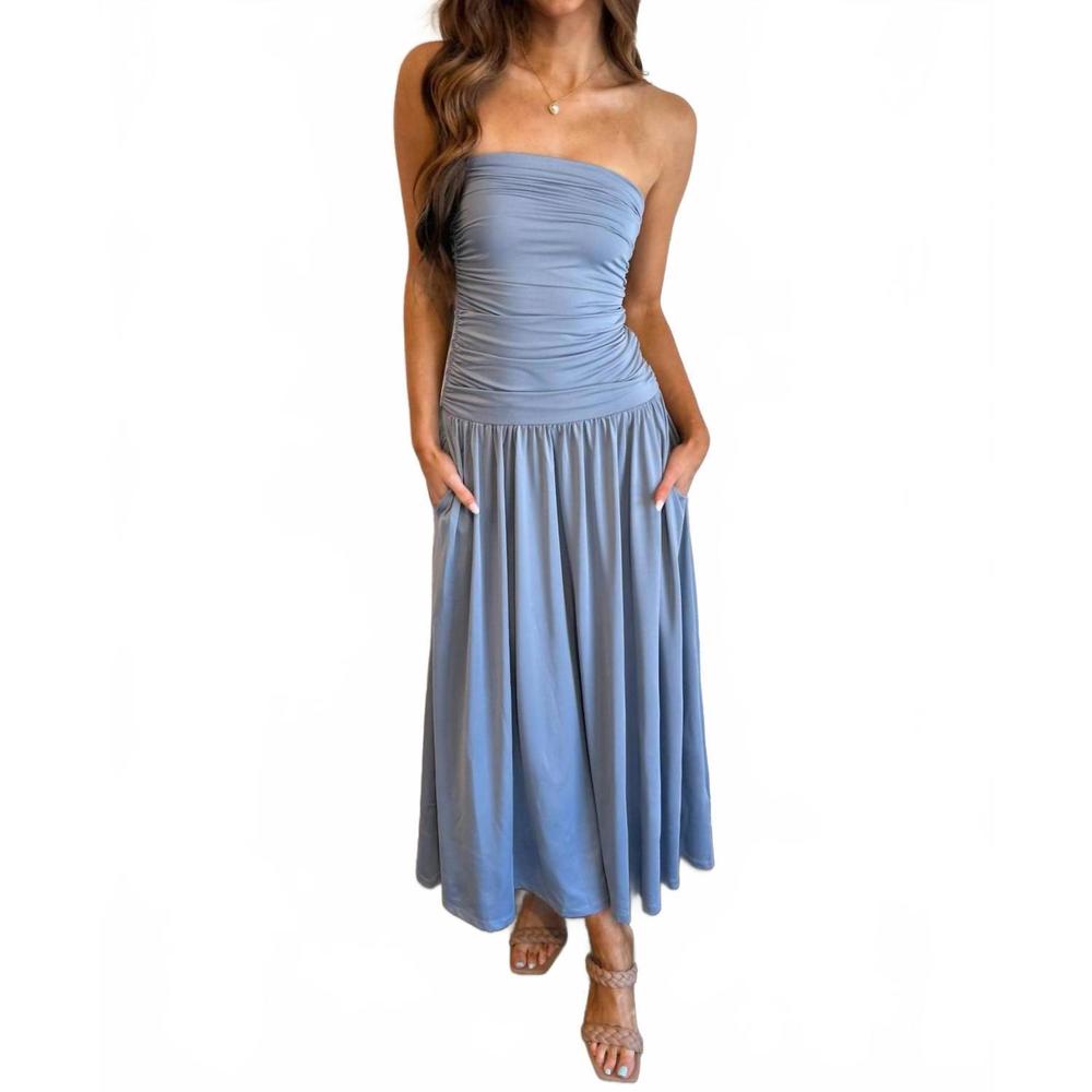 Strapless Ruched Midi Dress in Light Blue